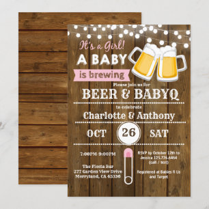 Beer en BabyQ stellen baby shower uitnodiging roze