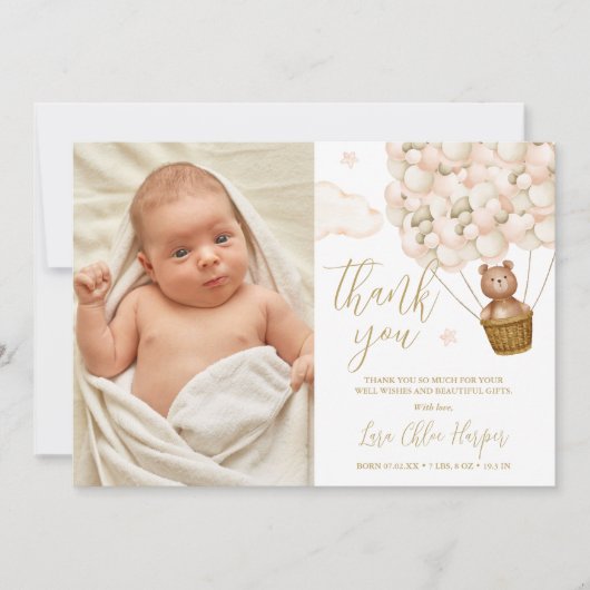 Beer en ballonnen nieuwe babyfoto bedankkaart (Voorkant)
