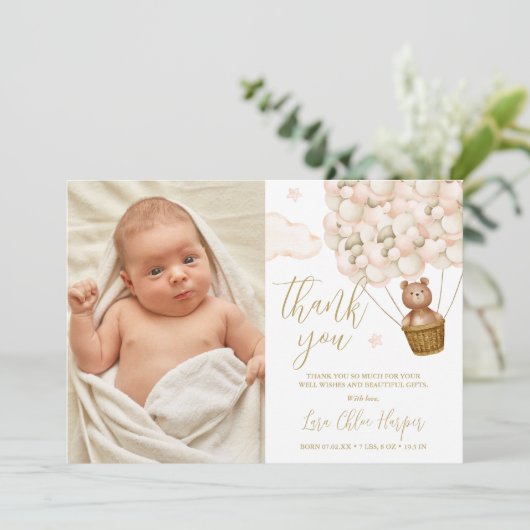 Beer en ballonnen nieuwe babyfoto bedankkaart (Staand voorkant)