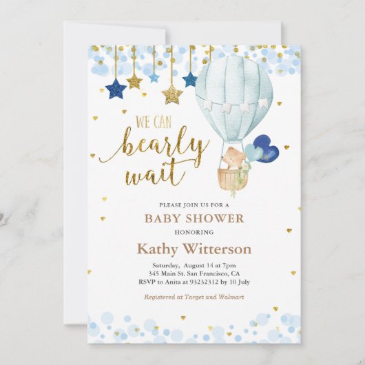 Beer en Blue Hot Air Balloon Baby shower Kaart (Voorkant)