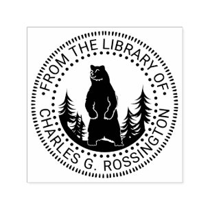 Beer en bomen silhouet ronde bibliotheek boeknaam  zelfinktende stempel