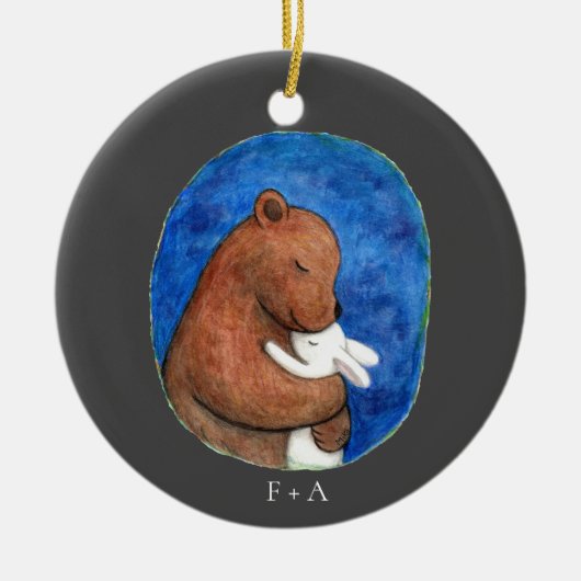 Beer en Bunny in omhelzing paar aangepaste naam Keramisch Ornament (Voorkant)