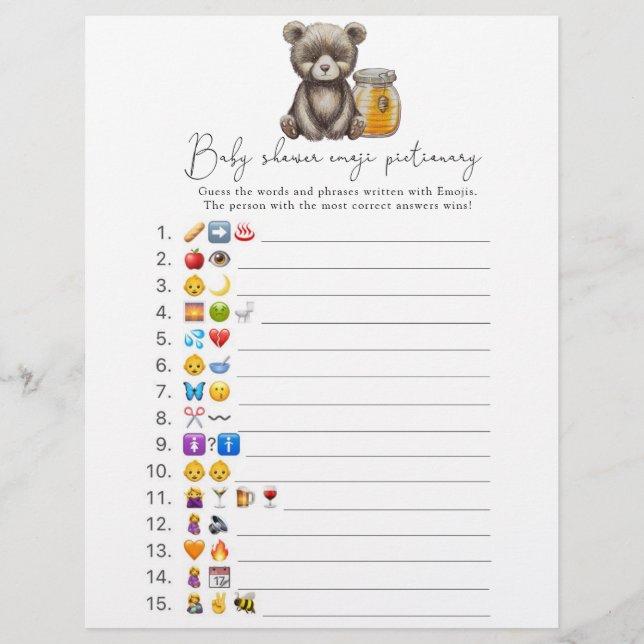 Beer en honing - Emoji afbeelding spel baby shower (Voorkant)