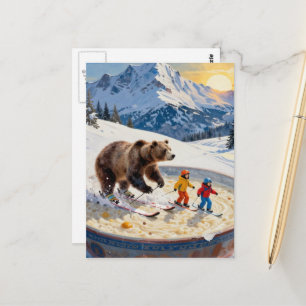 beer en kinderen skiën in een kom pap briefkaart