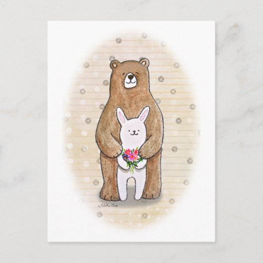 Beer en Konijn Gelukkig Bosdier Aardig Kunstwerk Briefkaart (Voorkant)