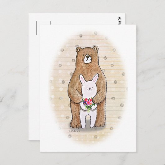 Beer en Konijn Gelukkig Bosdier Schattige Kunst Briefkaart (Voorkant / Achterkant)