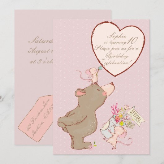 Beer en muis - Birthday - uitnodiging (Voorkant / Achterkant)