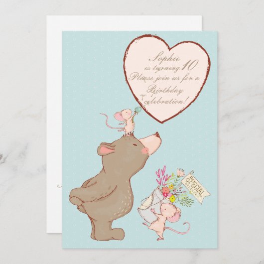 Beer en muis - Birthday - uitnodiging (Voorkant / Achterkant)