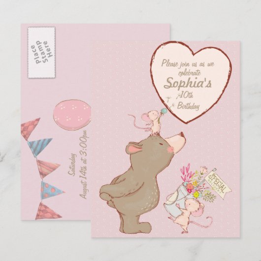 Beer en muis - Birthday - uitnodiging Briefkaart (Voorkant / Achterkant)