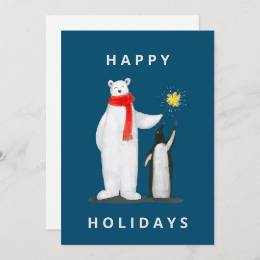 Beer en Pinguin op Blauwe Achtergrond Feestdagenkaart (Voorkant / Achterkant)