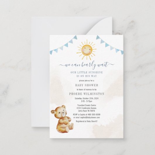 Beer en zonneschijn aquarel jongens baby shower notitiekaartje (Voorkant)