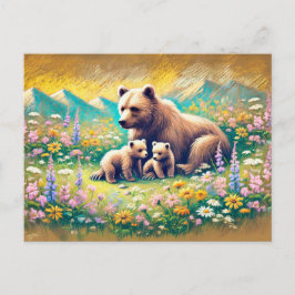 Beer Familie in Mountain Meadow Pastel Chalk Drawi Briefkaart