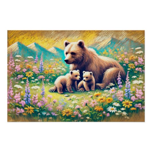 Beer Familie in Mountain Meadow Pastel Chalk Drawi Perfect Poster (Voorkant)