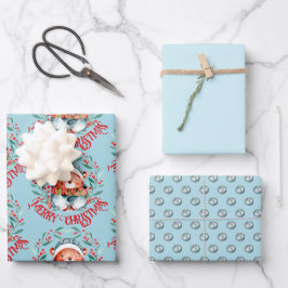 Beer familie Merry Kerstblauw rood Inpakpapier Vel