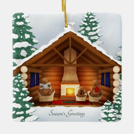 Beer Familie Thuis Gezellige Log Cabin Gepersonali Keramisch Ornament (Voorkant)