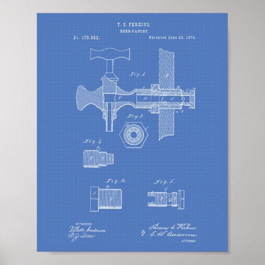 Beer Faucet 1876 Patent Art Blueprint Poster (Voorkant)