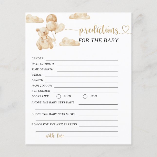 Beer genderneutrale voorspelling voor baby kaart (Voorkant)