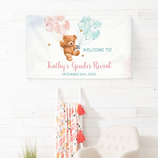 Beer Geslacht Laat roze en blauwe ballon zien Spandoek (Insitu)