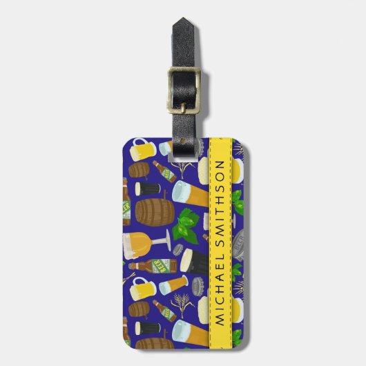 Beer Glass Bottle Hops en Barleypatroonpatronen Bagagelabel (Voorkant verticaal)