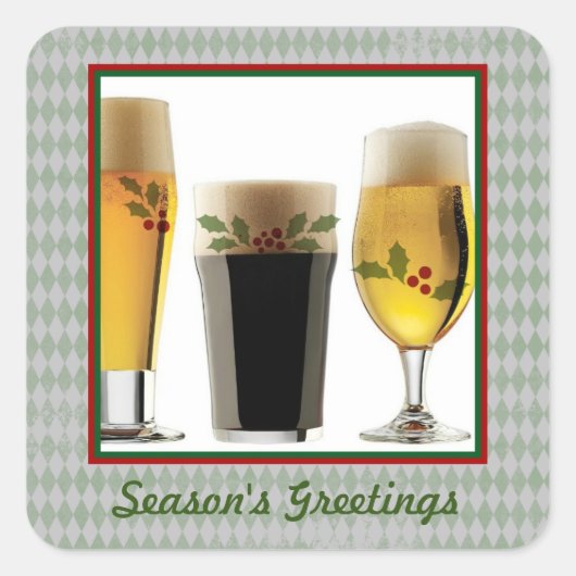 Beer Glasses & Holly Seasons Greetings Vierkante Sticker (Voorkant)