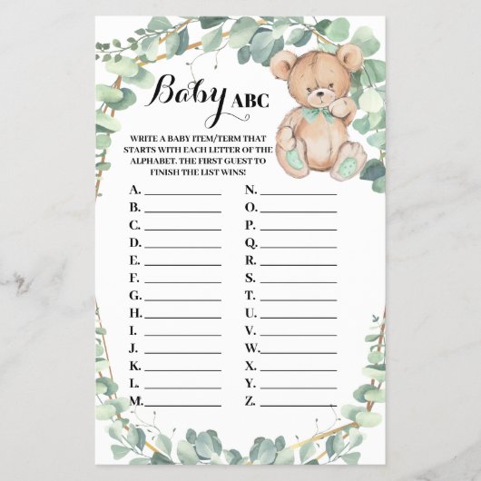 Beer Greenery Baby ABC Baby shower Game Card Flyer (Voorkant)