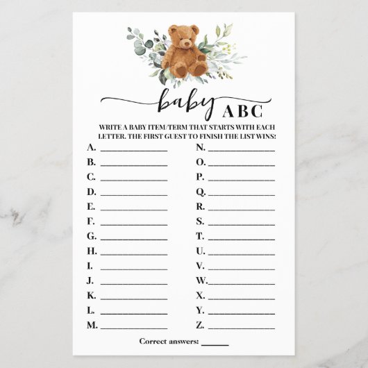 Beer Greenery Baby ABC Baby shower Game Card Flyer (Voorkant)