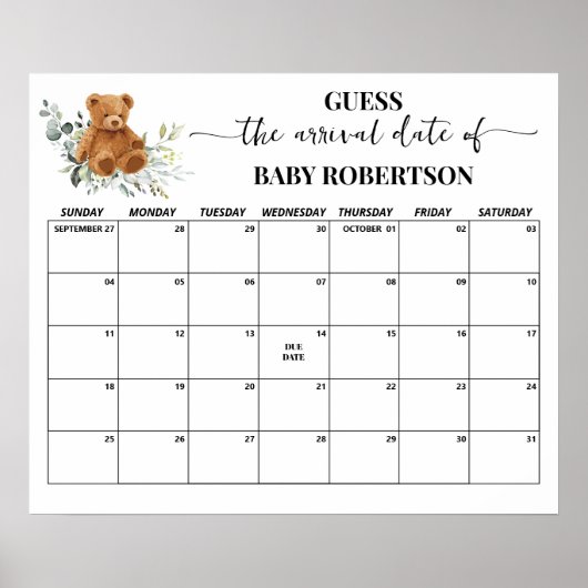 Beer Greenery Baby Shower Raad de Bevalling Datum  Poster (Voorkant)
