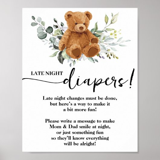 Beer Greenery Late Night Diapers Baby shower Game Poster (Voorkant)