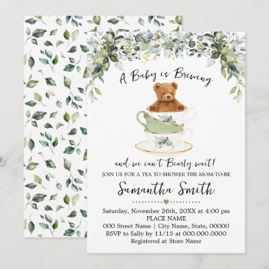 Beer Greenery Tea Baby shower Invitation Feestdagenkaart (Voorkant / Achterkant)