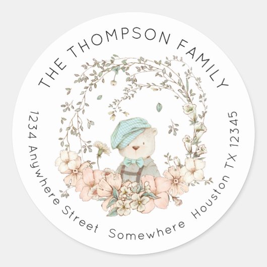  Beer Groen Bloemen Retourneren Naam Adres Ronde Sticker (Voorkant)