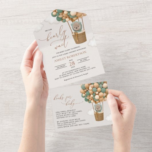 Beer, groene ballonnen, heteluchtballon, Baby show All In One Uitnodiging (Afscheurbaar)