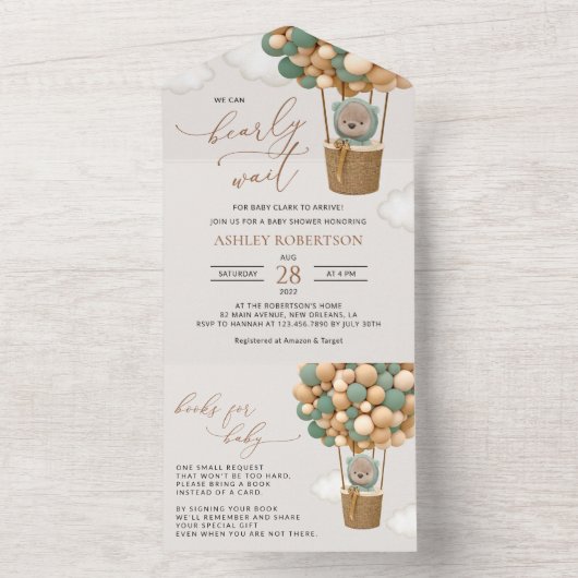 Beer, groene ballonnen, heteluchtballon, Baby show All In One Uitnodiging (Binnen)