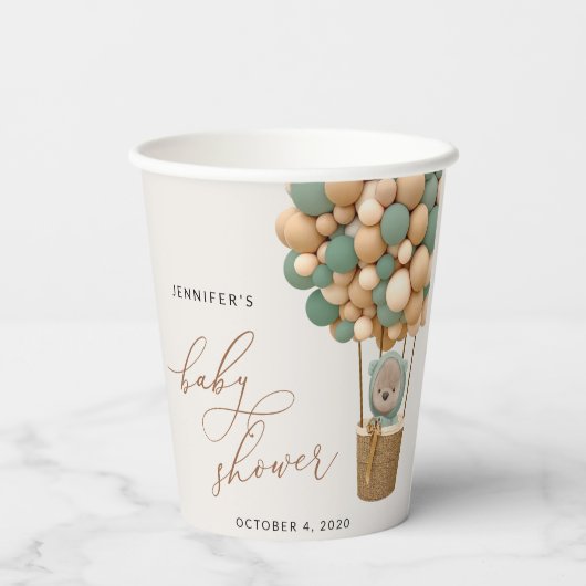 Beer, groene ballonnen, heteluchtballon, Baby show Papieren Bekers (Achterkant)