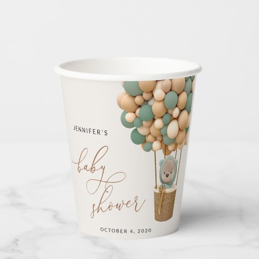 Beer, groene ballonnen, heteluchtballon, Baby show Papieren Bekers (Voorkant)