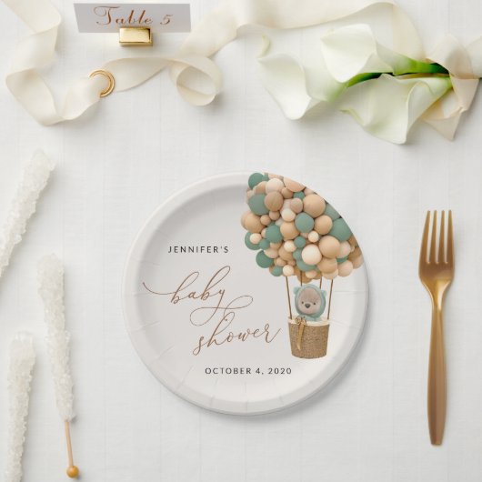 Beer, groene ballonnen, heteluchtballon, Baby show Papieren Bordje (Huwelijk)