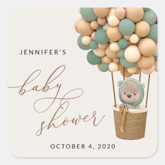 Beer, groene ballonnen, heteluchtballon, Baby show Vierkante Sticker (Voorkant)
