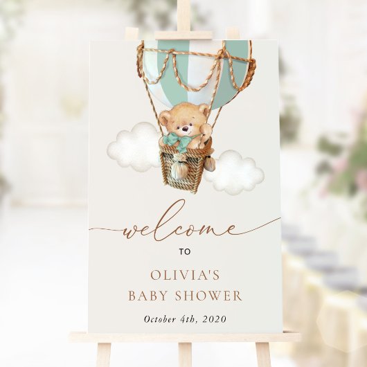 Beer, groene heteluchtballon, Baby shower Welkom Poster