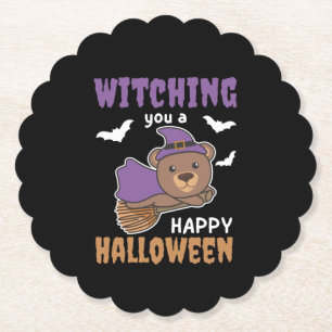Beer heks die je een gelukkige halloween bijhouden kartonnen onderzetters