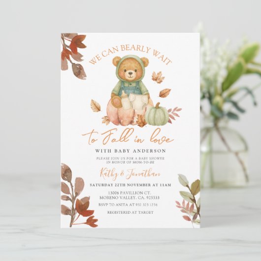 Beer Herfst in Liefde Pompoen Melkfles Baby shower Kaart (Staand voorkant)