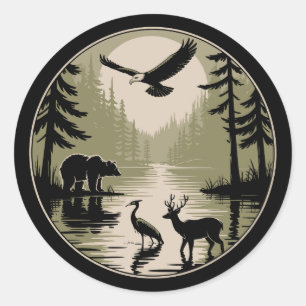 Beer Herten Arend Maan Bos Silhouet Ronde Sticker