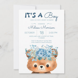 Beer het is een jongen Blauw Babyfeestje Kaart