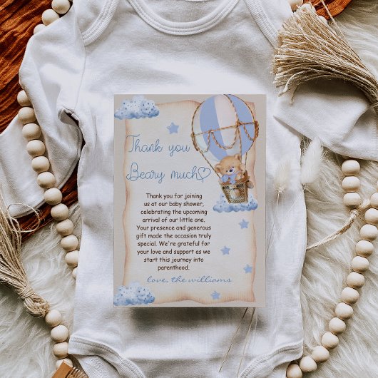 Beer Hete Luchtballon Baby shower Blauw Beige Bedankkaart