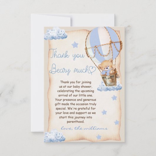 Beer Hete Luchtballon Baby shower Blauw Beige Bedankkaart (Voorkant)
