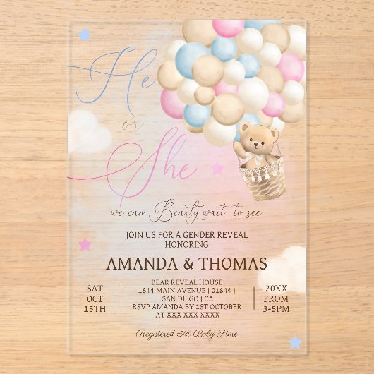 Beer Hete Luchtballon Geslacht Onthulling Acryl Uitnodigingen (Voorkant)