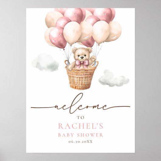 Beer Hete Luchtballon Meisje Baby shower Welkom Poster (Voorkant)