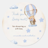 Beer heteluchtballon baby shower blauw ronde sticker (Voorkant)