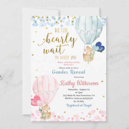 Beer Hoit Air Ballon Gender onthullen Baby shower Kaart (Voorkant)