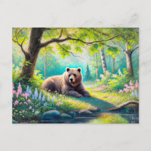 Beer in bosweide pastel krijttekening briefkaart