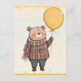 Beer in Bruin Plaid Trui met Gele Ballon Briefkaart