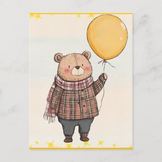 Beer in Bruin Plaid Trui met Gele Ballon Briefkaart (Voorkant)